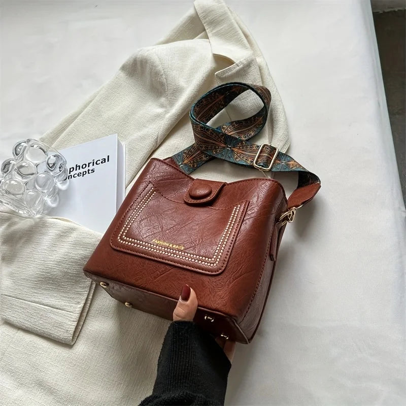 Vintage Faux Leather Crossbody Bag with Wide Strap & Bunny Charm