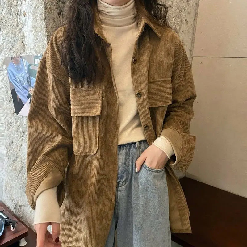 Women’s Mid-Length Corduroy Shirt Jacket – Casual Autumn Winter Outerwear