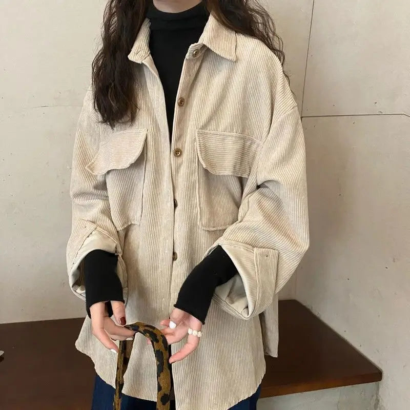 Women’s Mid-Length Corduroy Shirt Jacket – Casual Autumn Winter Outerwear