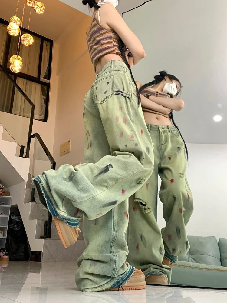 Women’s Retro Paint-Splatter Low-Rise Wide-Leg Jeans