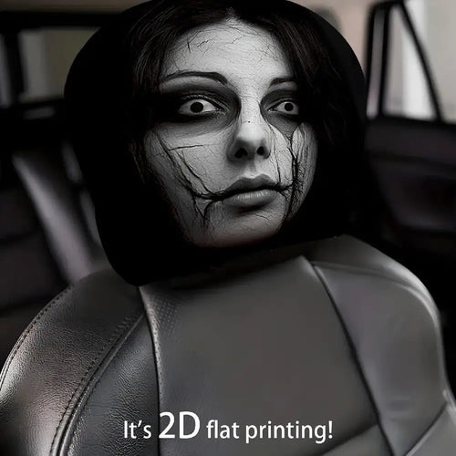 2PCS Scary Face Car Headrest Covers – Universal Elastic Black Seat Protectors