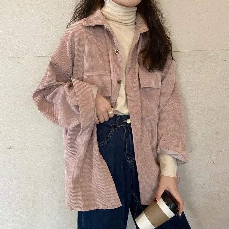 Women’s Mid-Length Corduroy Shirt Jacket – Casual Autumn Winter Outerwear