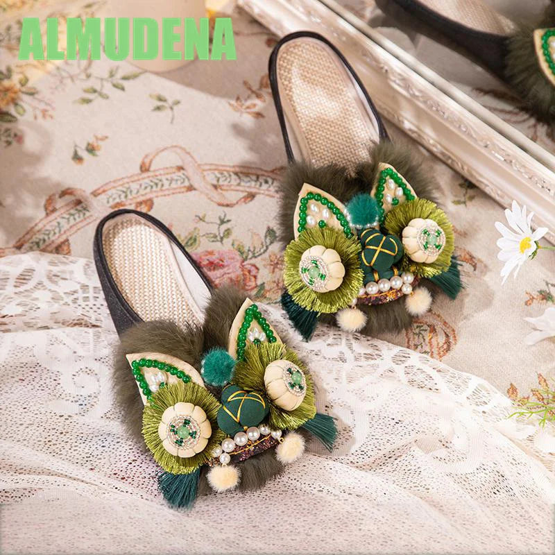 Women’s Chinese-Style Tiger Head Embroidered Slip-On Mules