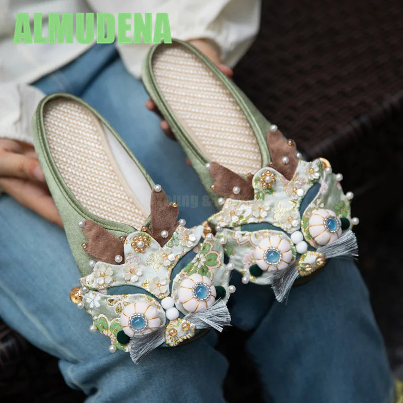 Women’s Chinese-Style Tiger Head Embroidered Slip-On Mules