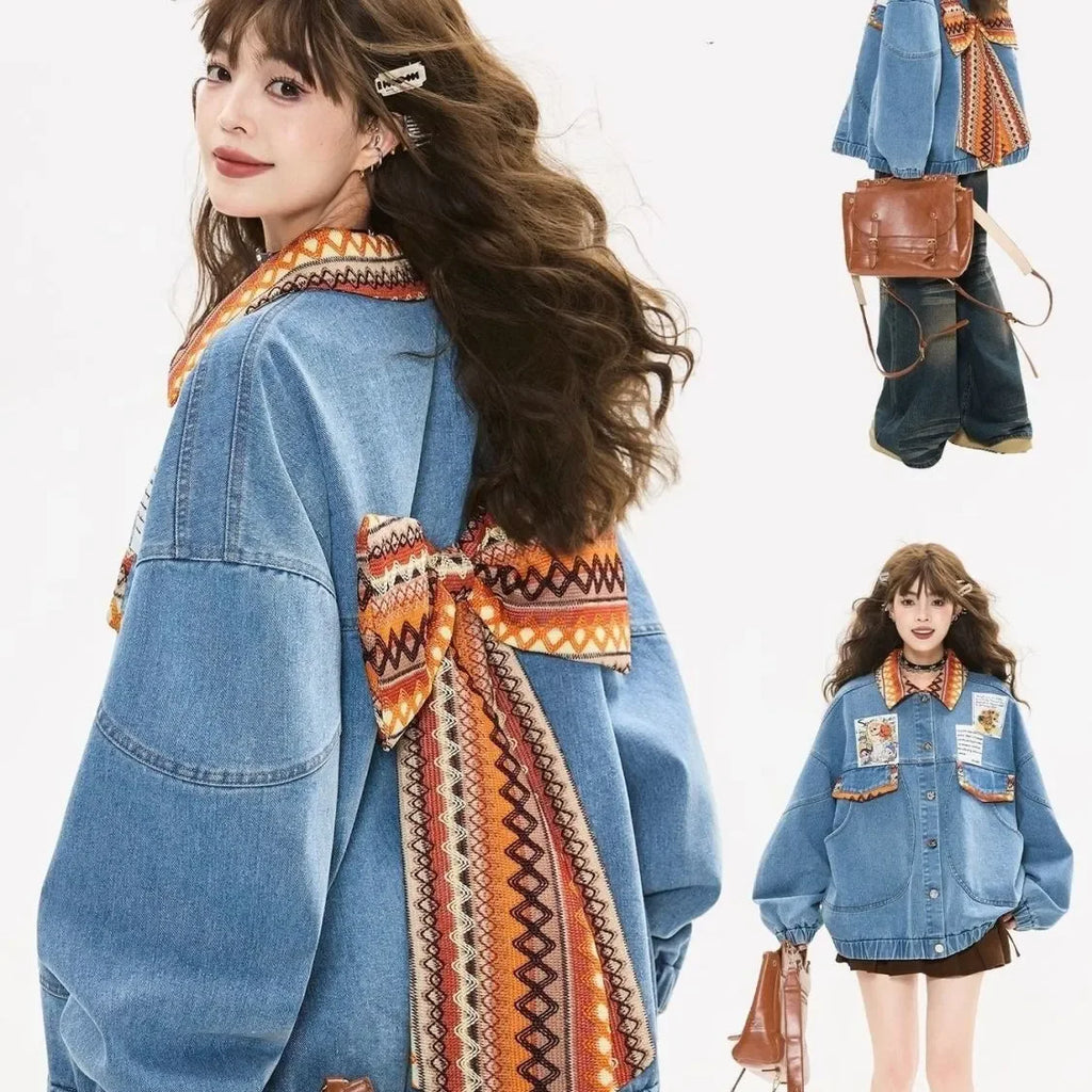 Women’s Cartoon Cat Denim Jacket with Lantern Sleeves