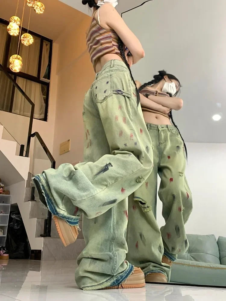 Women’s Retro Paint-Splatter Low-Rise Wide-Leg Jeans