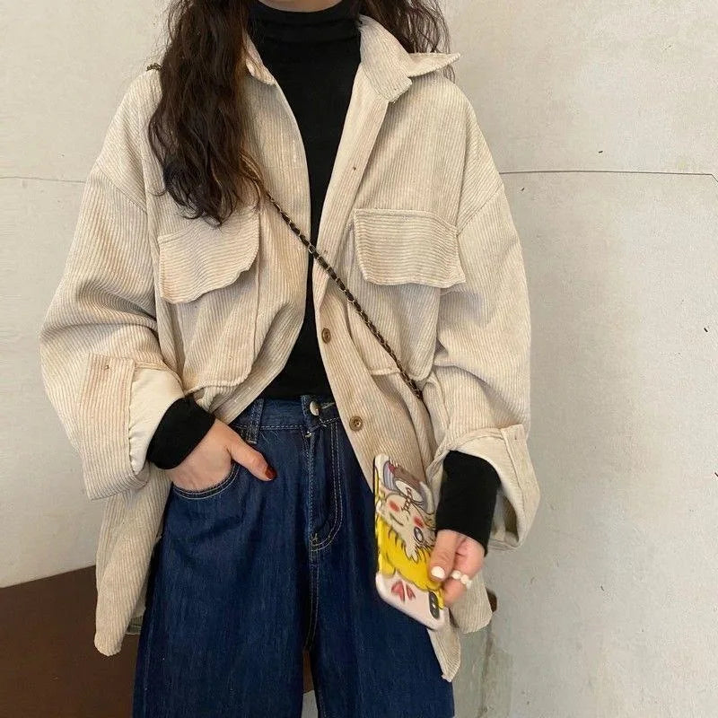 Women’s Mid-Length Corduroy Shirt Jacket – Casual Autumn Winter Outerwear