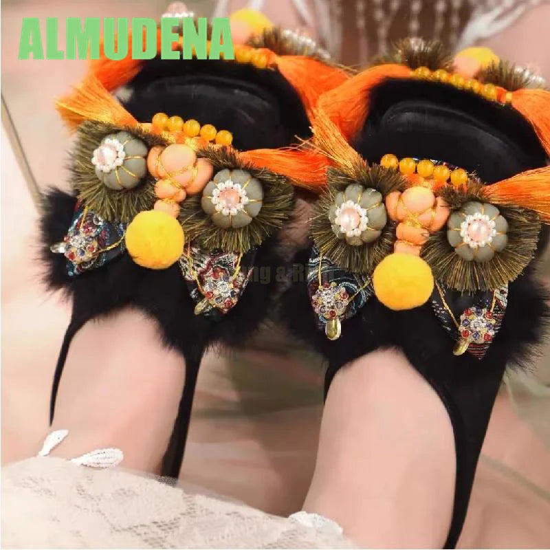 Women’s Chinese-Style Tiger Head Embroidered Slip-On Mules