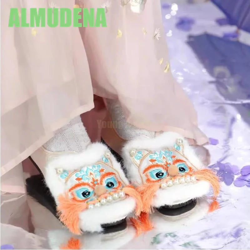 Women’s Chinese-Style Tiger Head Embroidered Slip-On Mules