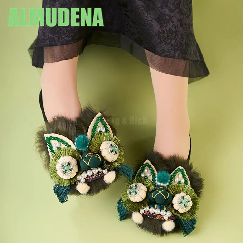 Women’s Chinese-Style Tiger Head Embroidered Slip-On Mules