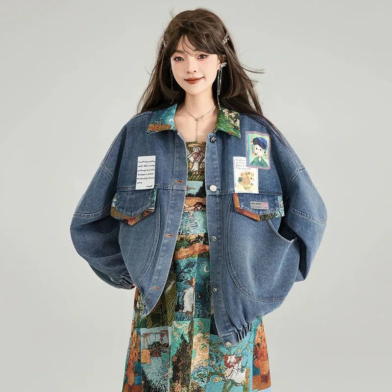 Women’s Cartoon Cat Denim Jacket with Lantern Sleeves