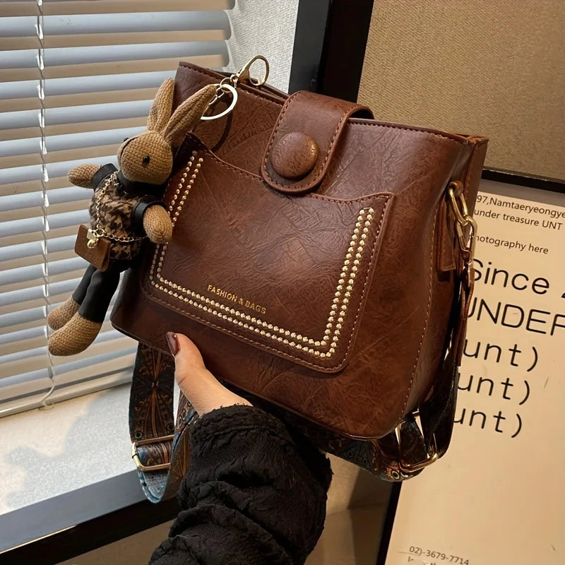 Vintage Faux Leather Crossbody Bag with Wide Strap & Bunny Charm