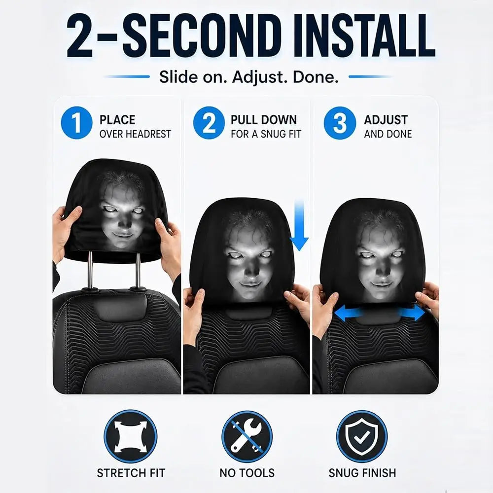 2PCS Scary Face Car Headrest Covers – Universal Elastic Black Seat Protectors