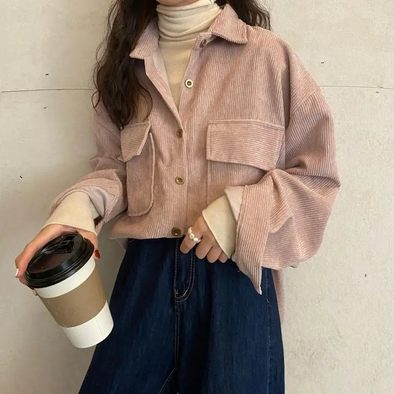 Women’s Mid-Length Corduroy Shirt Jacket – Casual Autumn Winter Outerwear