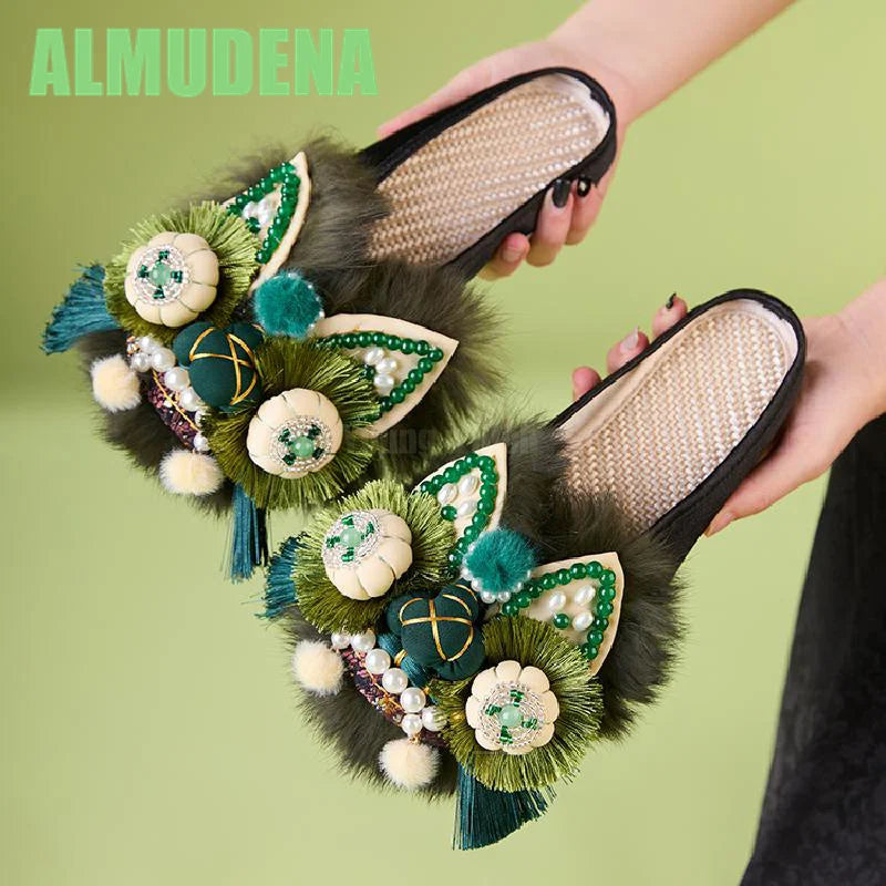 Women’s Chinese-Style Tiger Head Embroidered Slip-On Mules