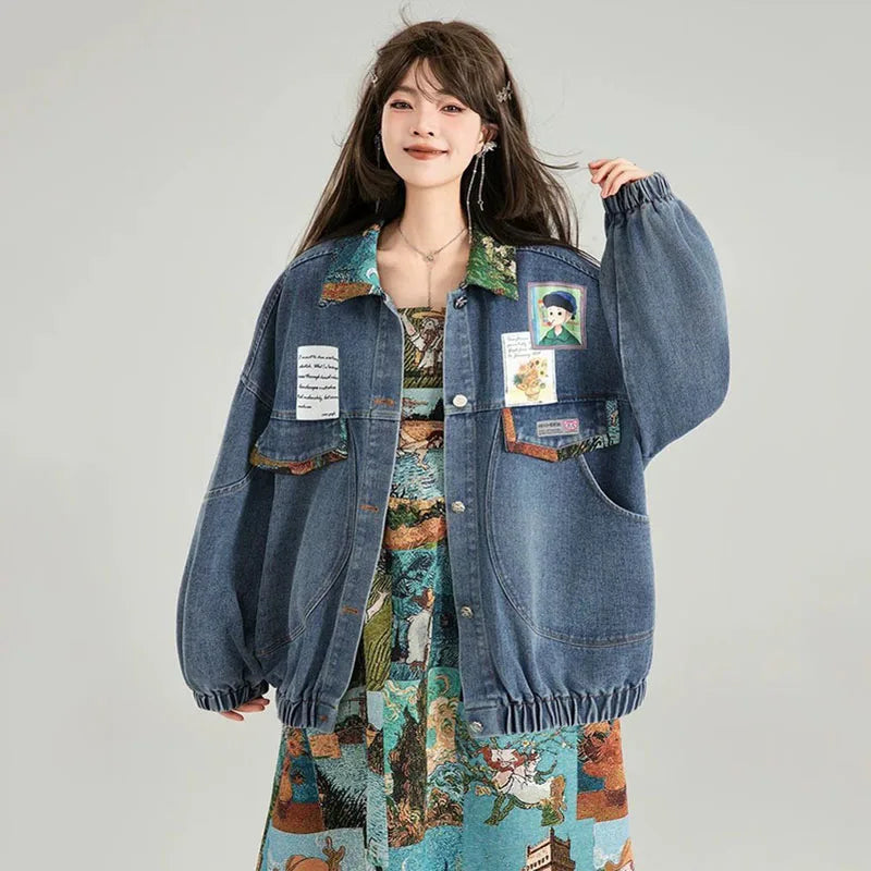 Women’s Cartoon Cat Denim Jacket with Lantern Sleeves