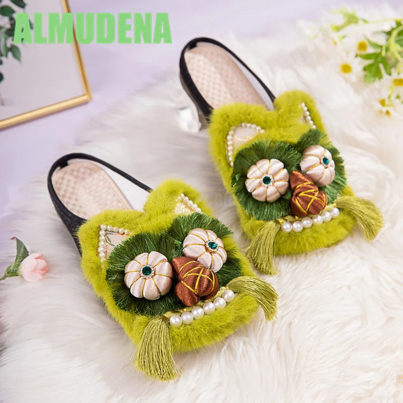Women’s Chinese-Style Tiger Head Embroidered Slip-On Mules