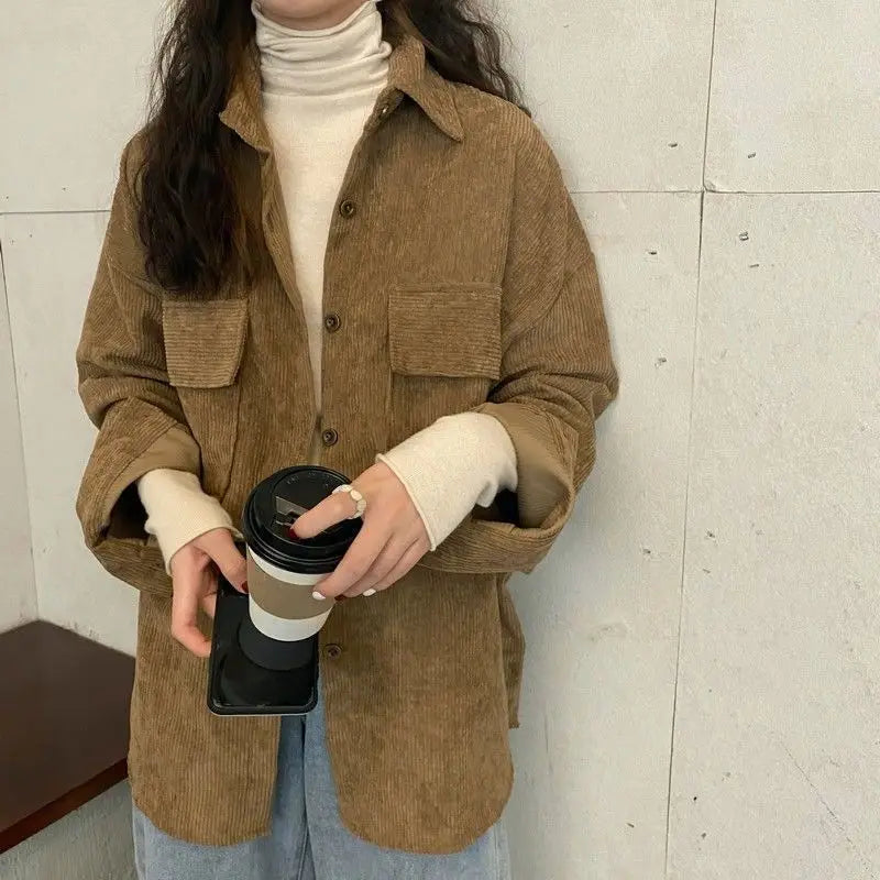 Women’s Mid-Length Corduroy Shirt Jacket – Casual Autumn Winter Outerwear