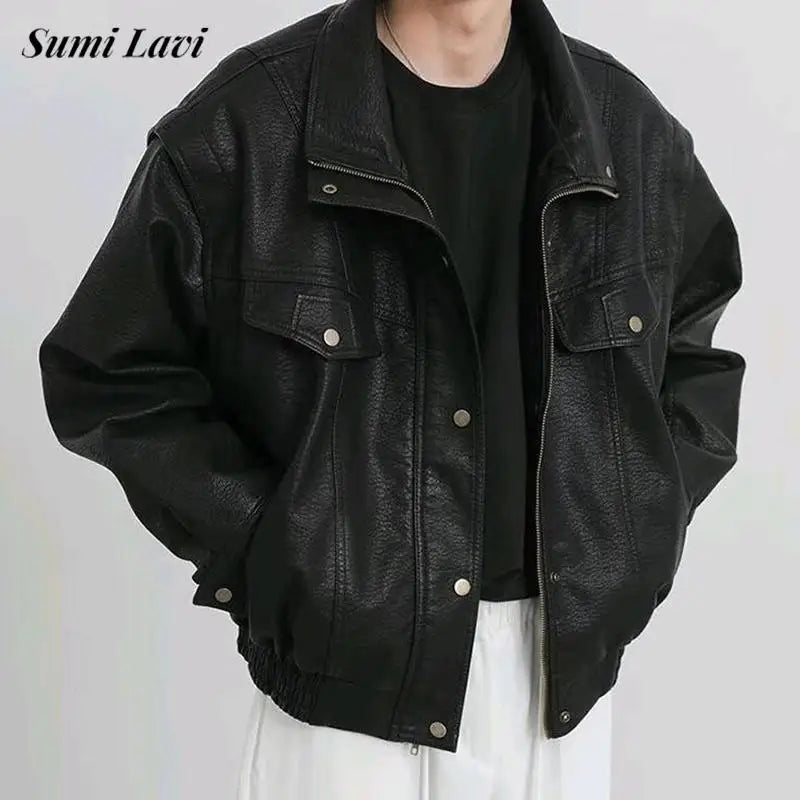 Men’s Vintage Black PU Leather Zip-Up Jacket