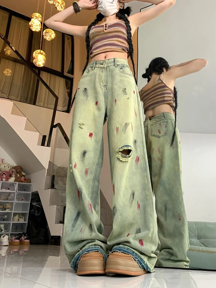 Women’s Retro Paint-Splatter Low-Rise Wide-Leg Jeans