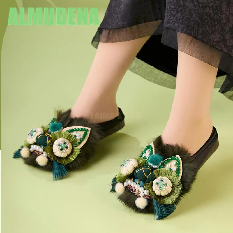 Women’s Chinese-Style Tiger Head Embroidered Slip-On Mules