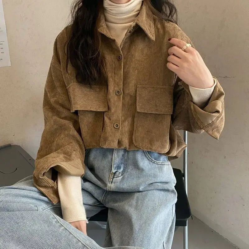 Women’s Mid-Length Corduroy Shirt Jacket – Casual Autumn Winter Outerwear