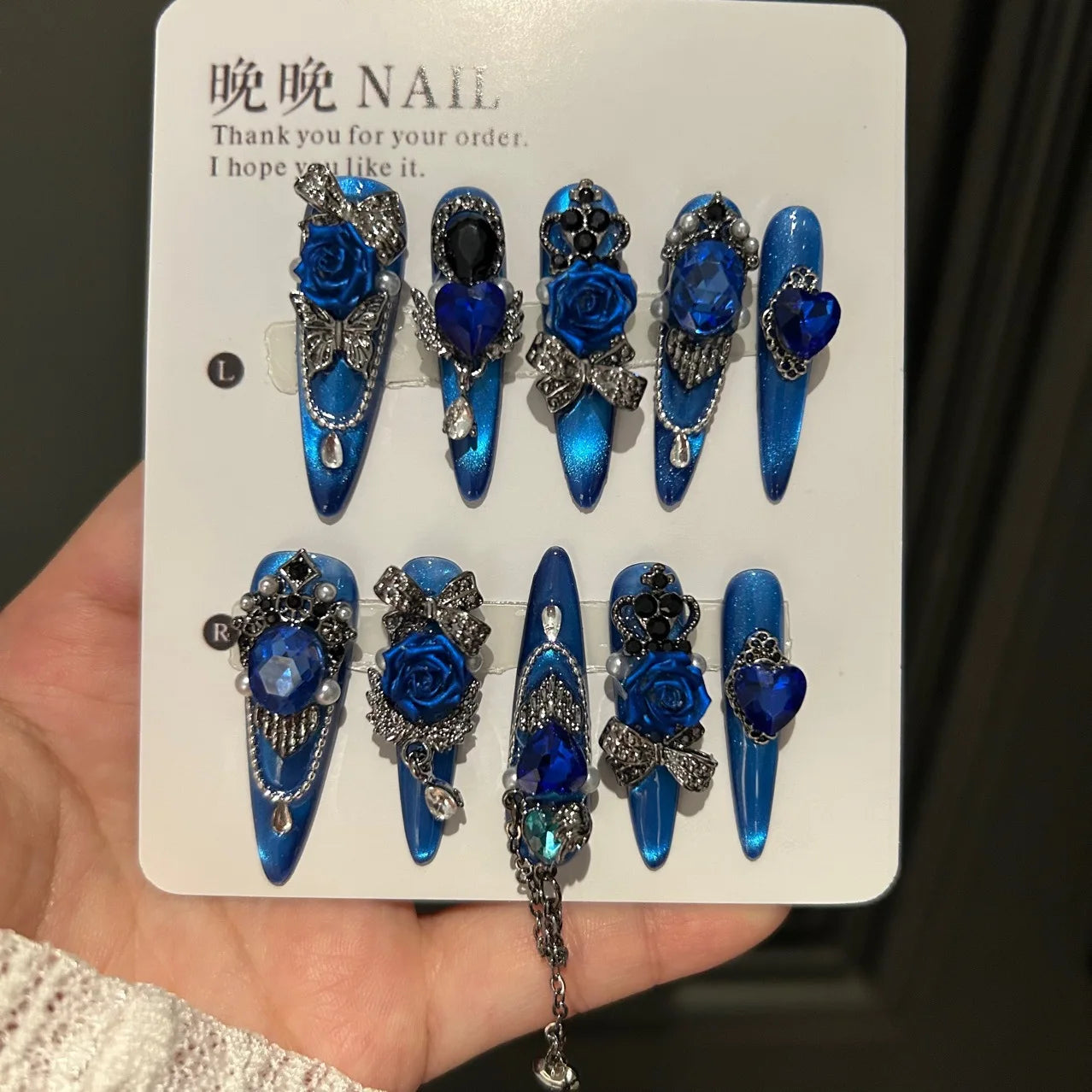 Vibrant Blue Stiletto Press-On Nails with 3D Rose & Chain – 10PCS