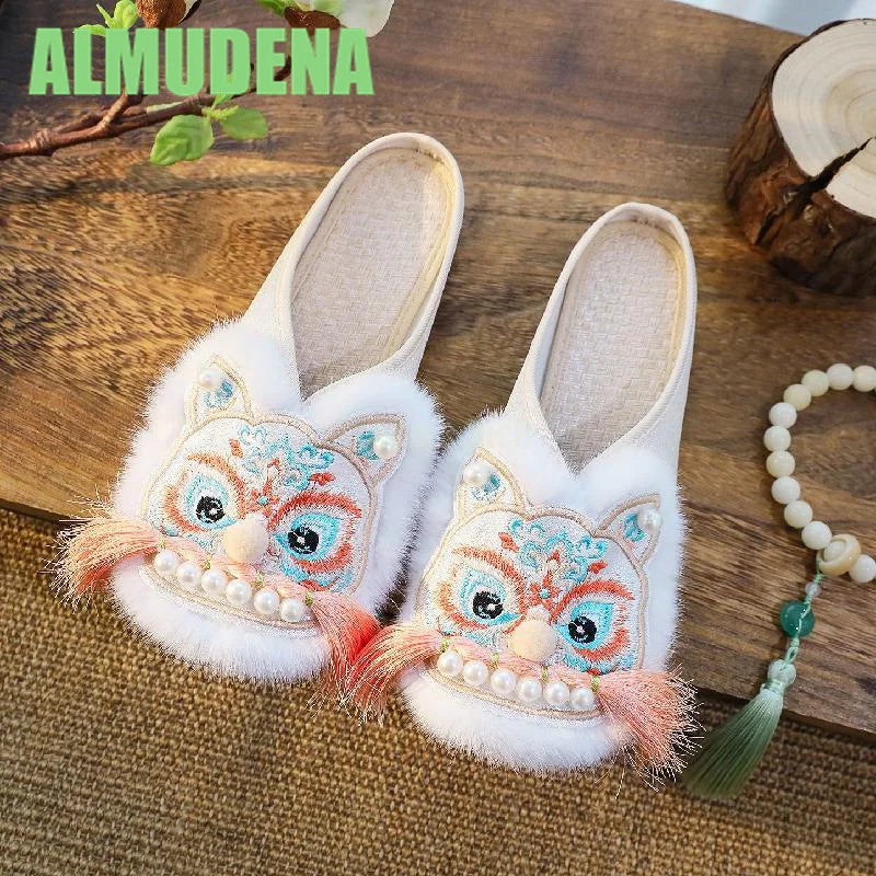 Women’s Chinese-Style Tiger Head Embroidered Slip-On Mules