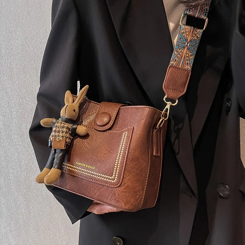 Vintage Faux Leather Crossbody Bag with Wide Strap & Bunny Charm