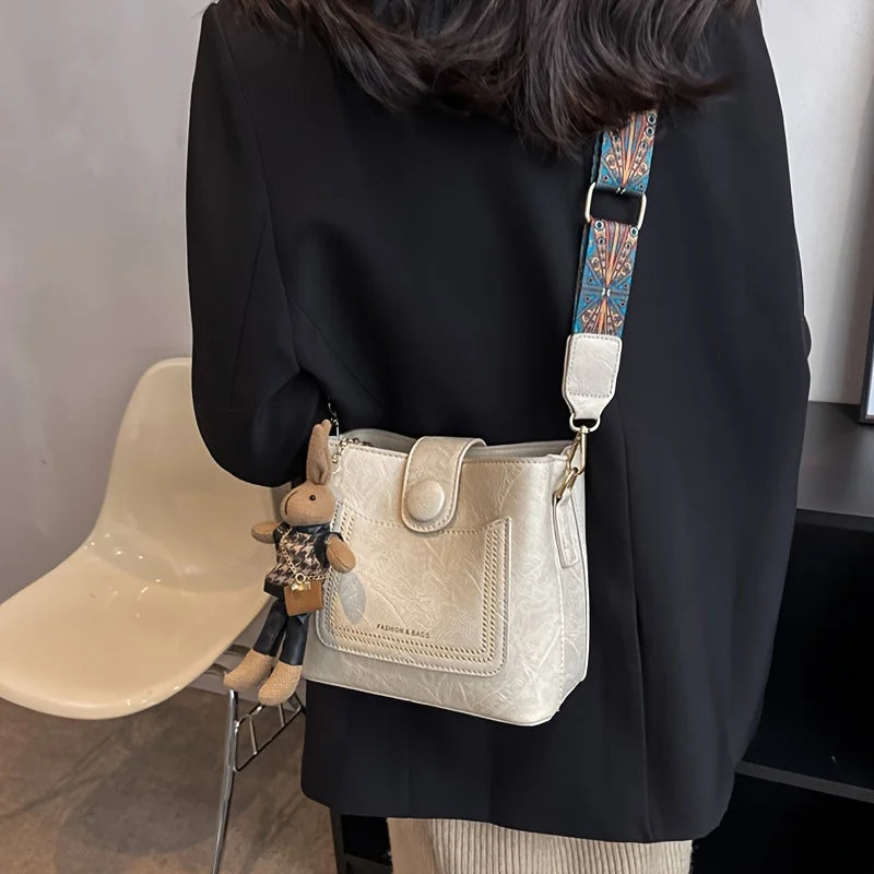 Vintage Faux Leather Crossbody Bag with Wide Strap & Bunny Charm